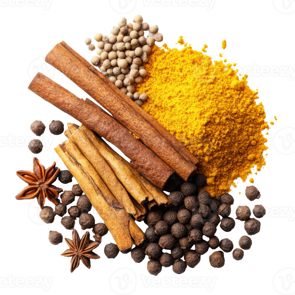 Colorful spice arrangement on white png
