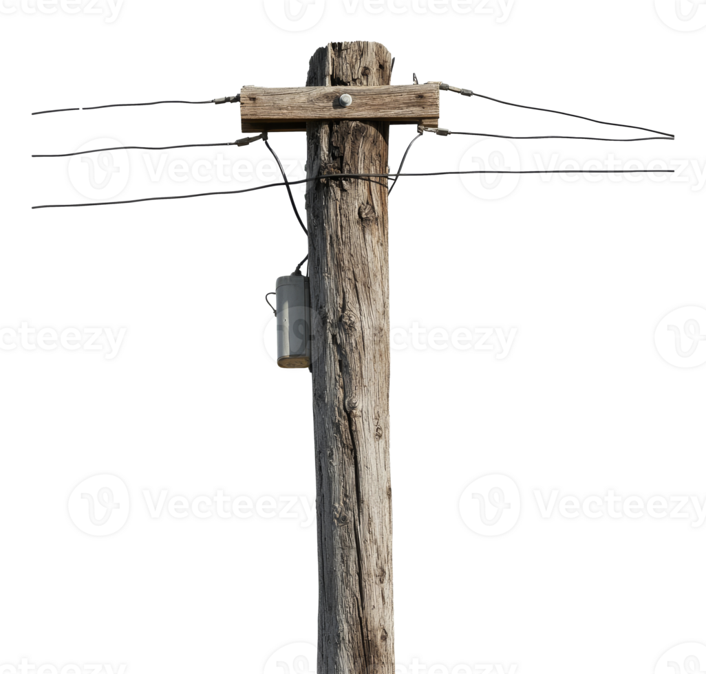 Wooden utility pole with wires in bright sunlight png