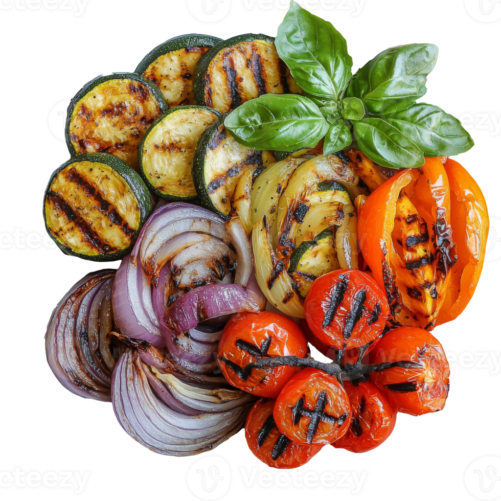 Grilled vegetables arranged beautifully on a plate png