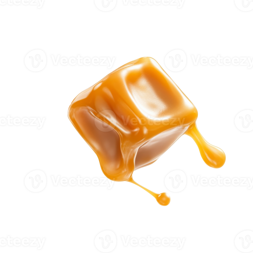 Delicious caramel candy cube melting on a surface png