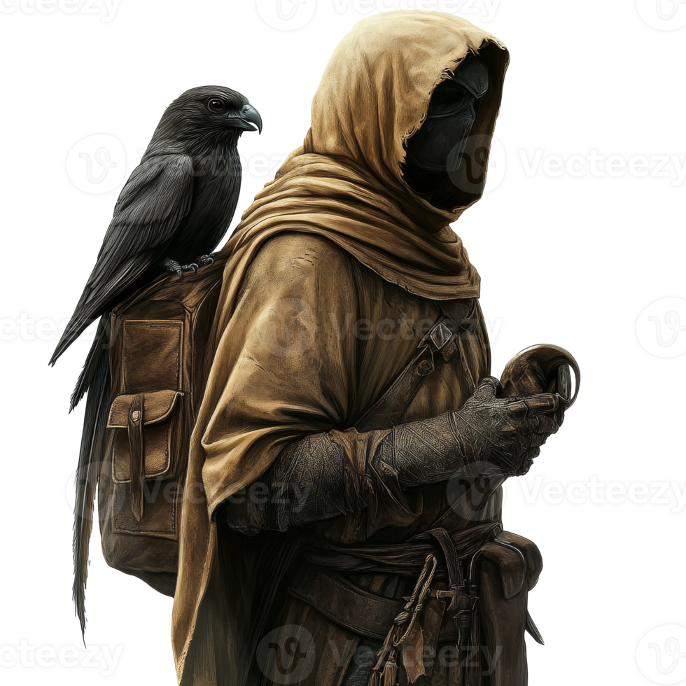Cloaked figure and raven at twilight png