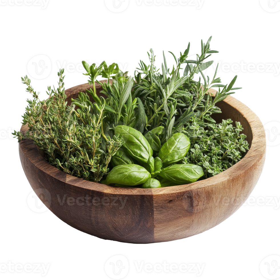 Fresh herbs in a wooden bowl on a kitchen counter png