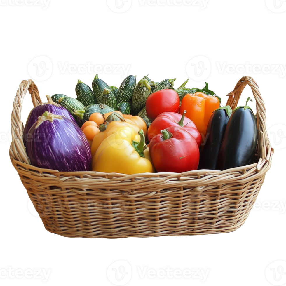 Freshly harvested vegetables in a wicker basket png