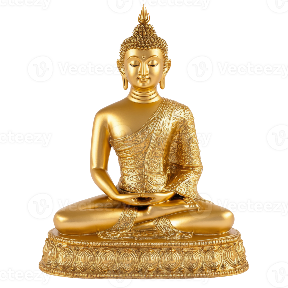 Golden seated Buddha statue with intricate details png
