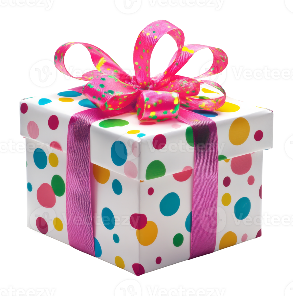 Colorful wrapped gift box with polka dots and bow png