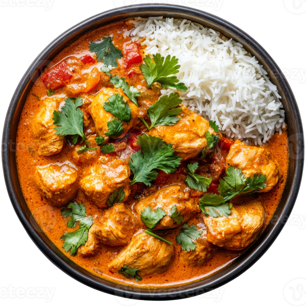 Delicious chicken curry served with fragrant rice png