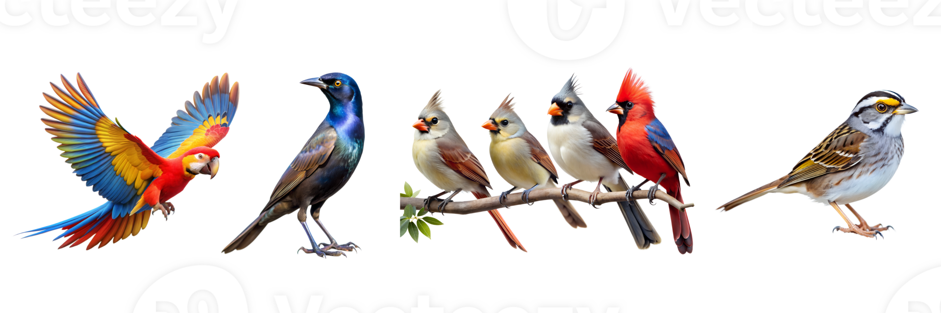 Colorful birds on a branch, flying png