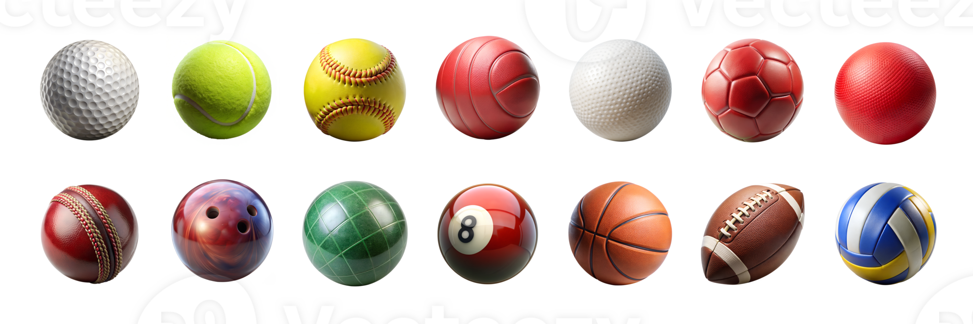 Various types of sports balls arranged in order png