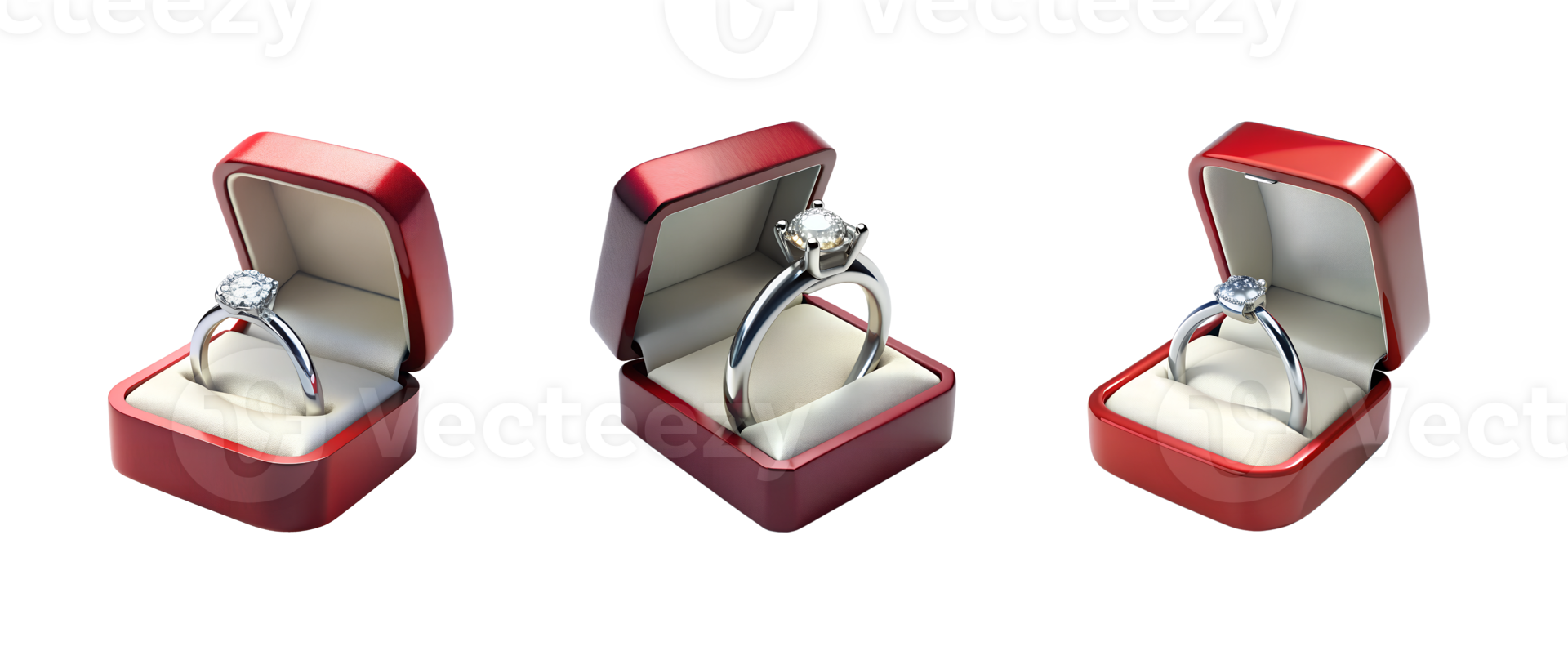 Elegant rings displayed in red velvet boxes png