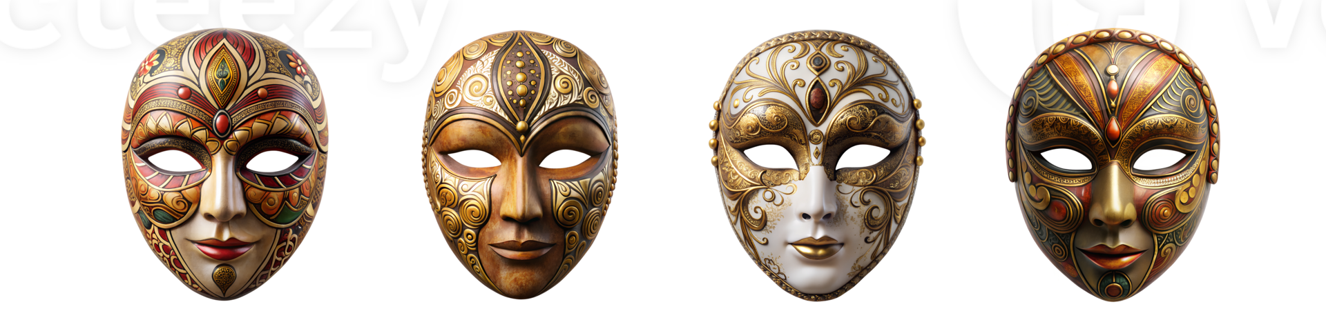 Elegant decorative masks displayed in a row png