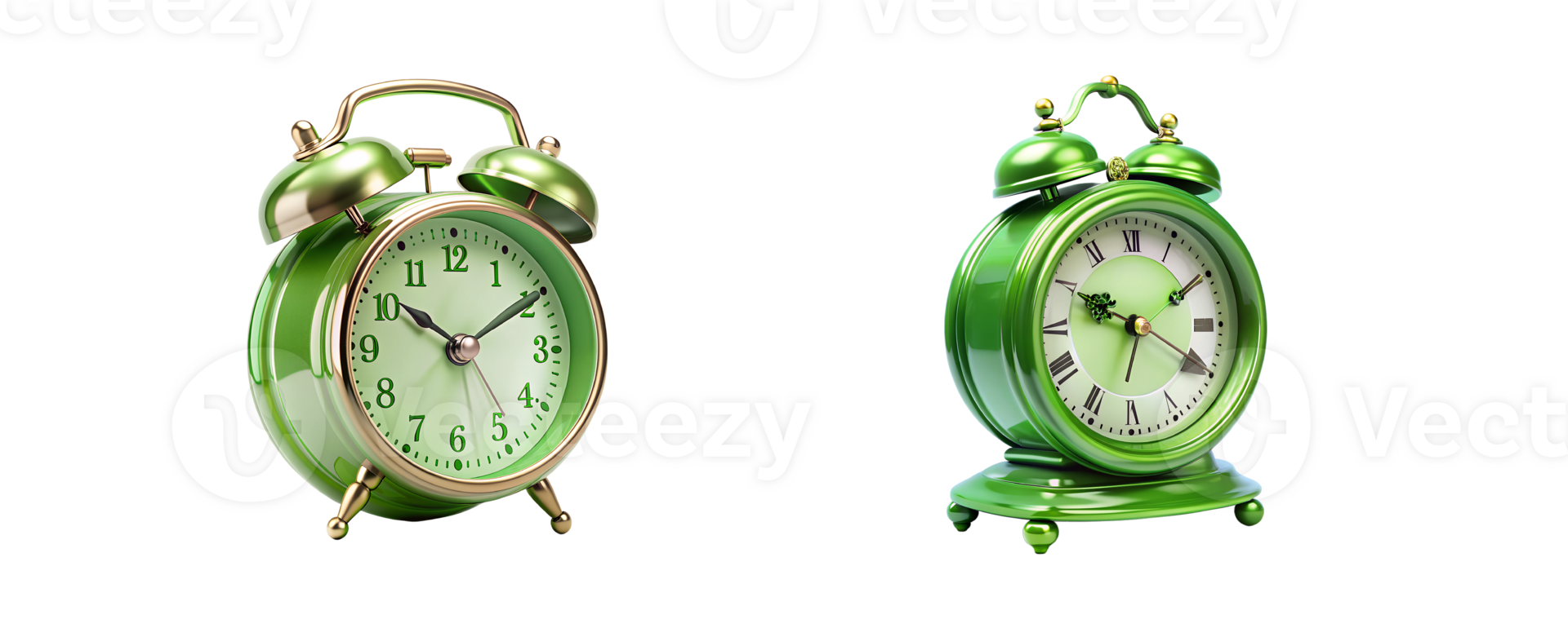 Green vintage alarm clocks on display png