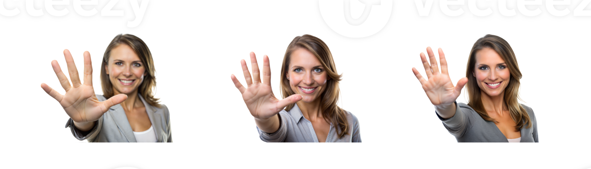 Woman showing open hand gesture in three poses png