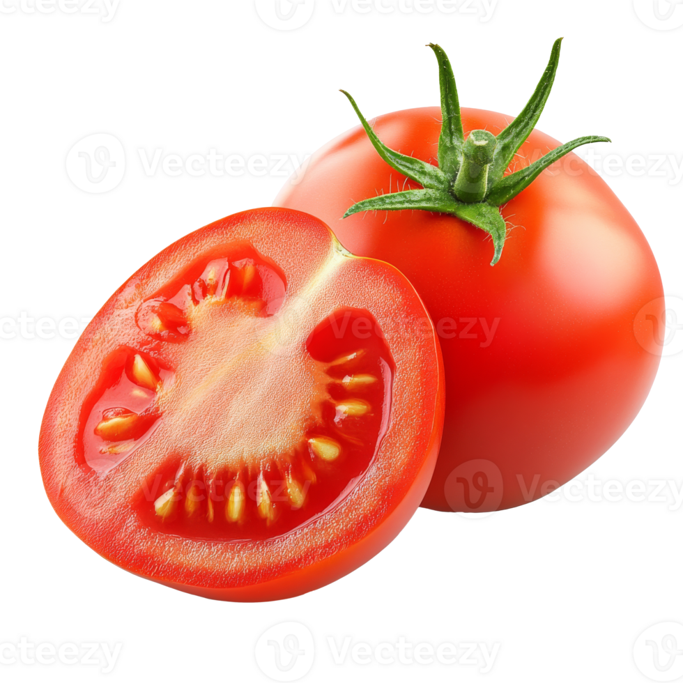 Fresh red tomato with a clean cut revealing seeds png