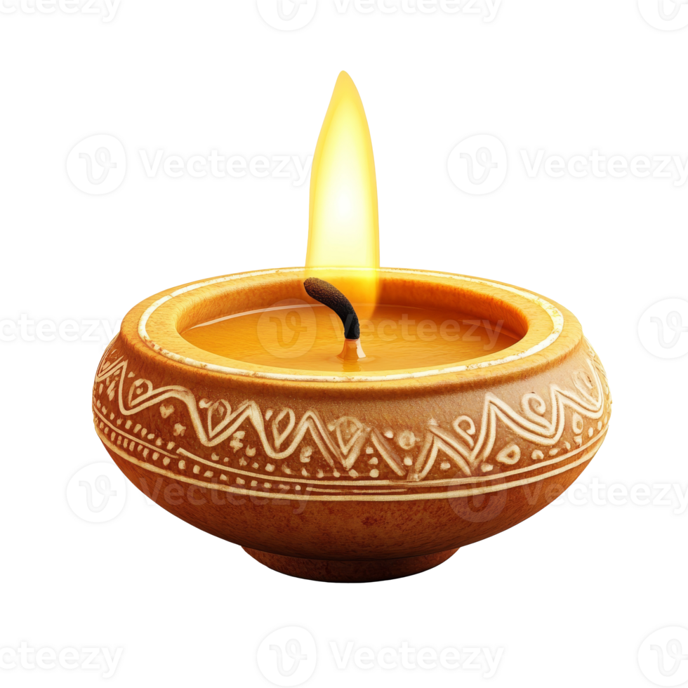 Traditional oil lamp with flame in decorative bowl png