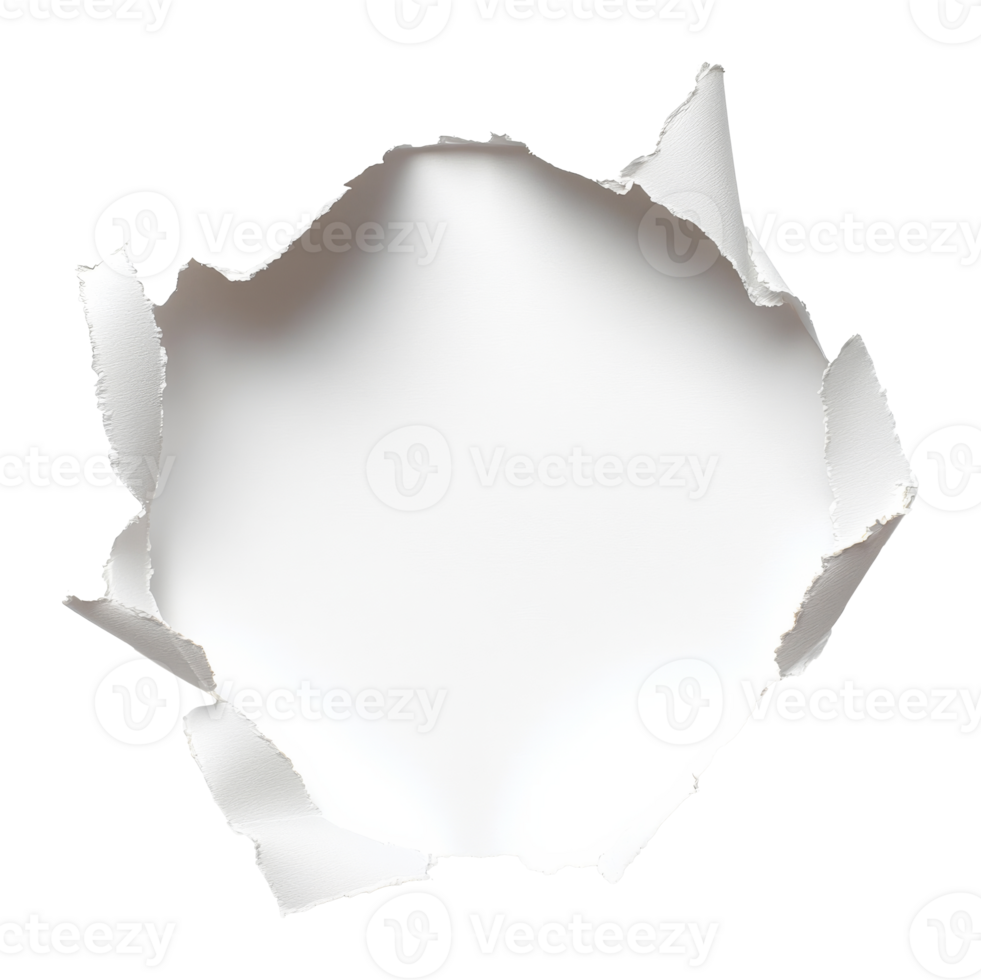 Torn white paper with jagged edges creating a hole png