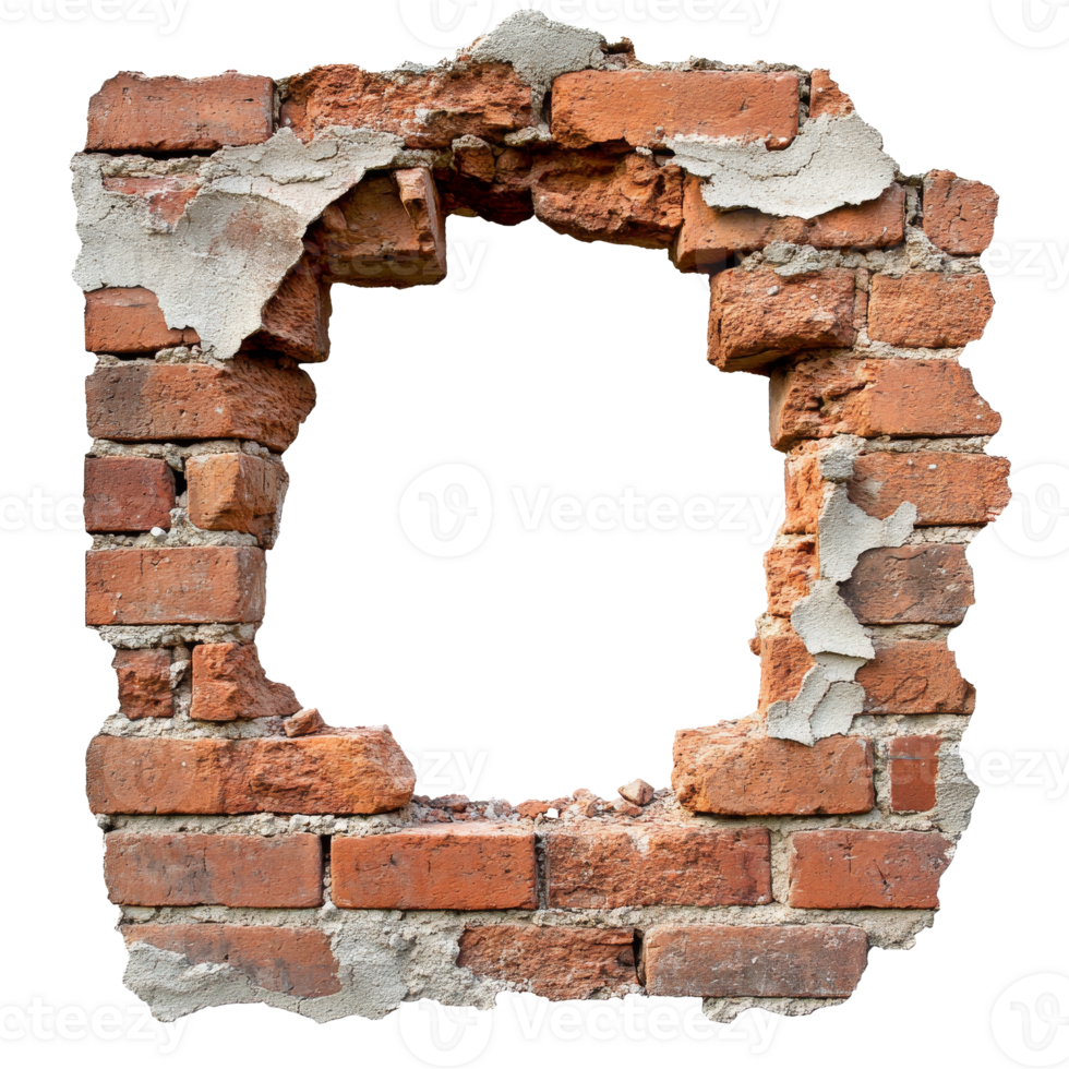 Daylit broken brick wall with a square hole png