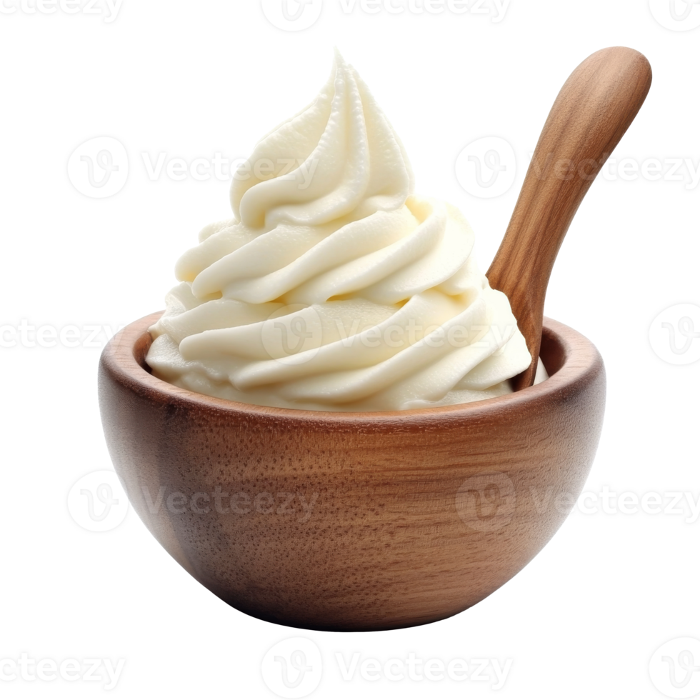 Creamy whipped dessert served in a wooden bowl png