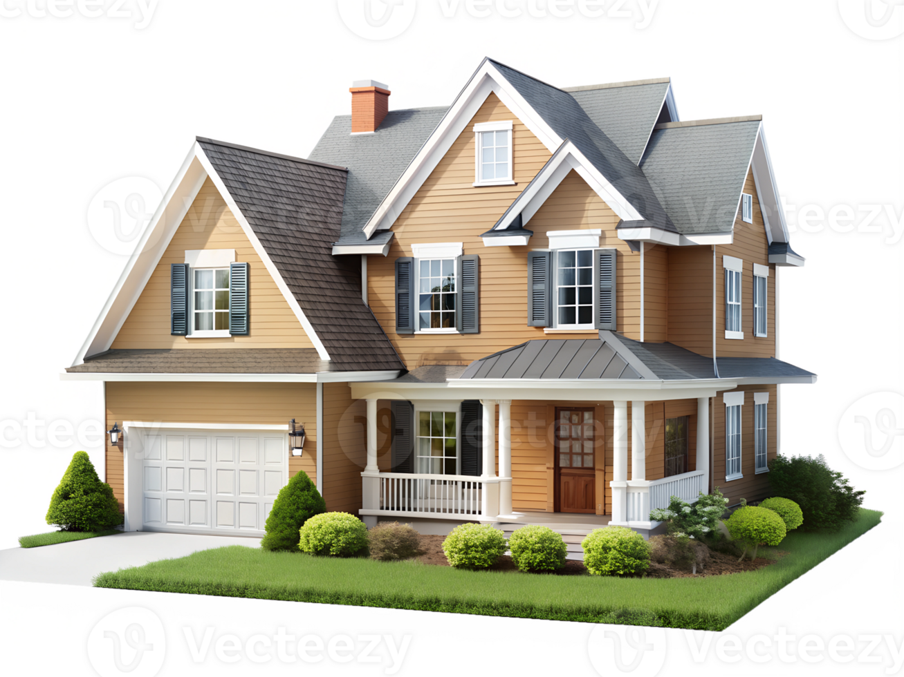 A charming two story house with a lush garden png