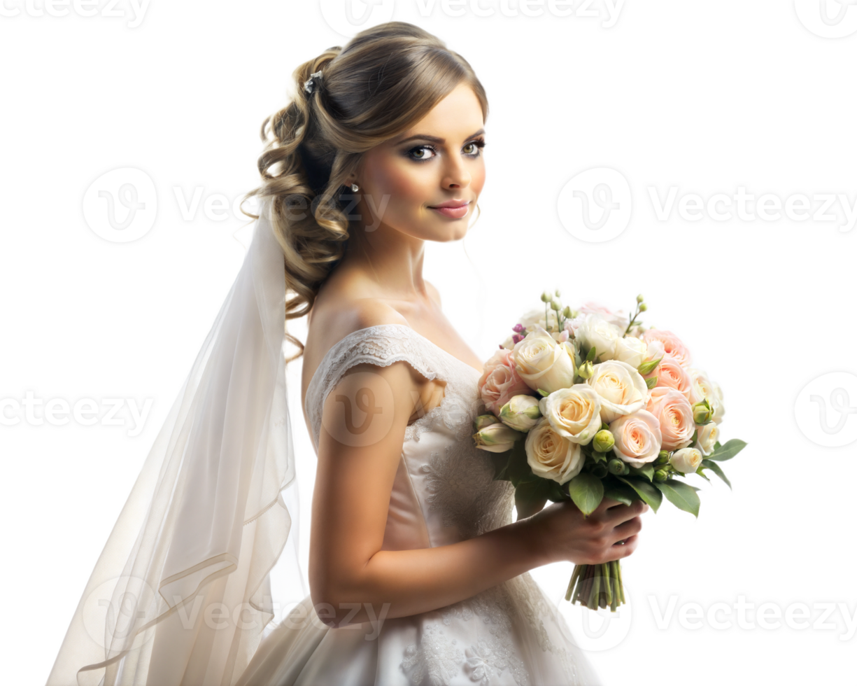 Elegant bride holding a bouquet with soft colors png