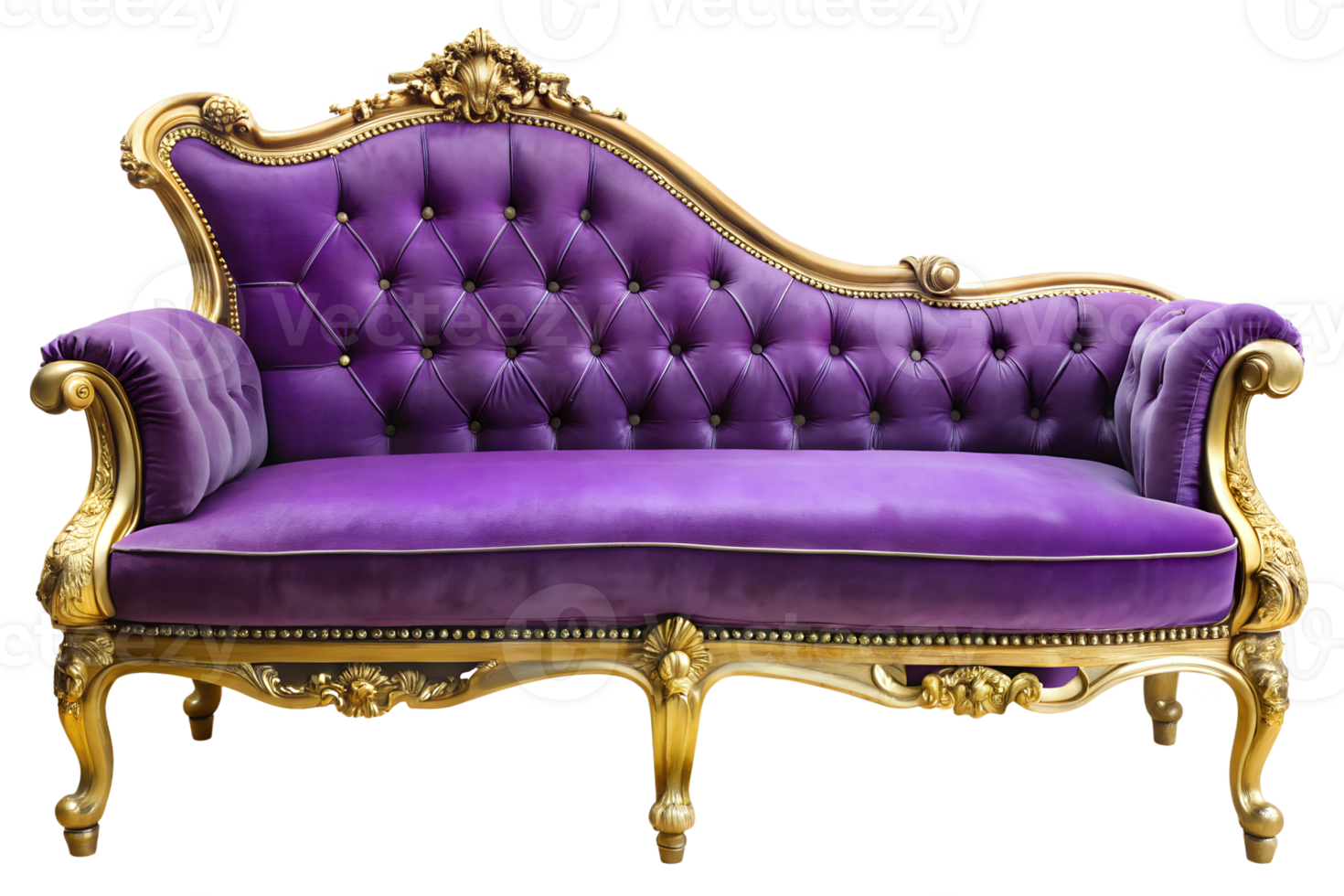 Elegant purple tufted sofa with golden detailing png