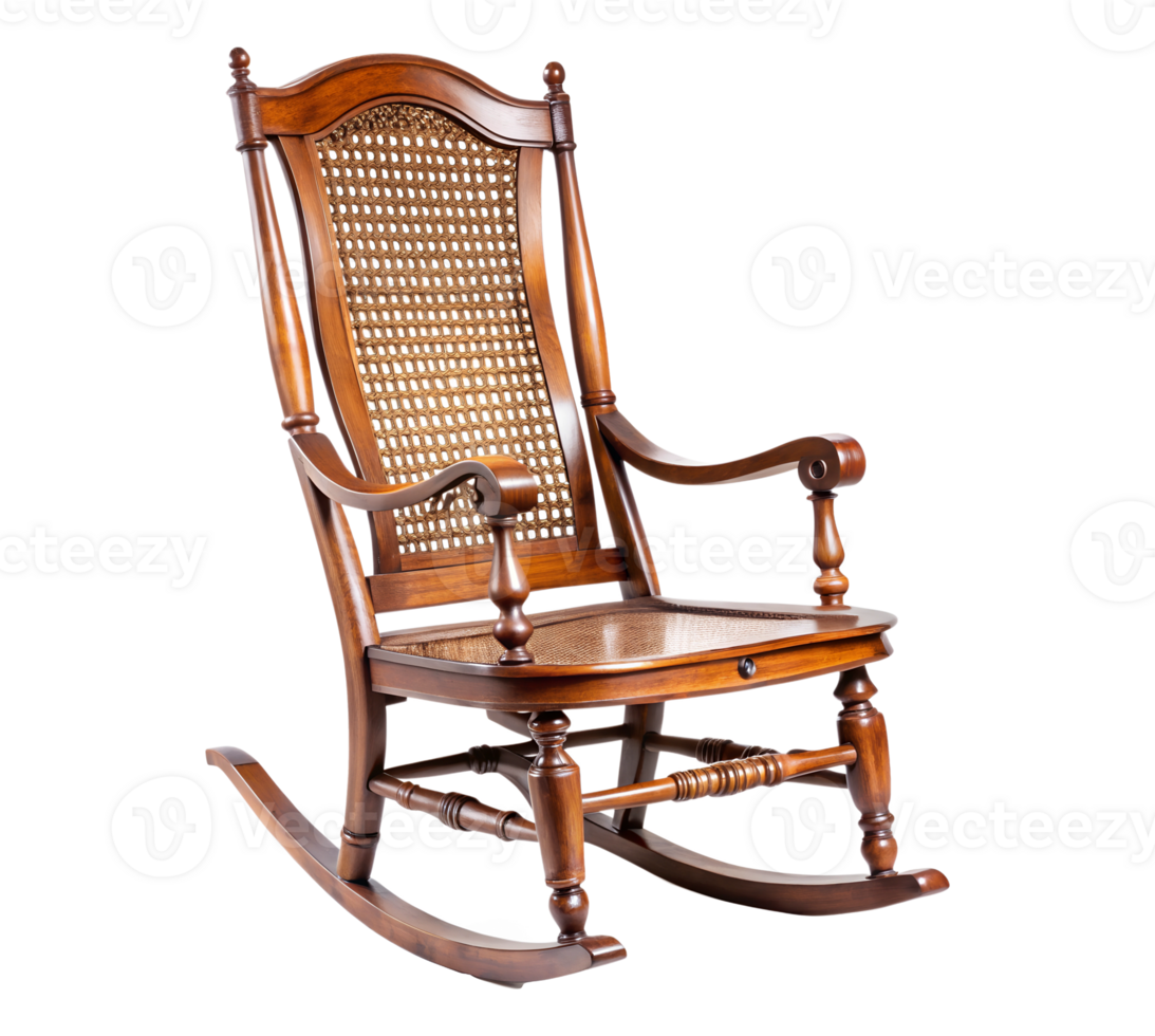 Wooden rocking chair with woven backrest png