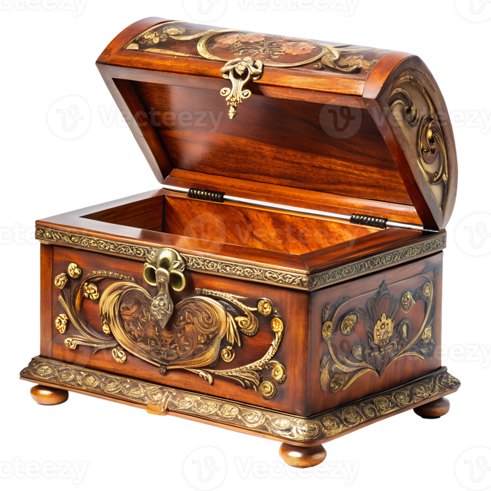 Carved wooden chest with brass accents png