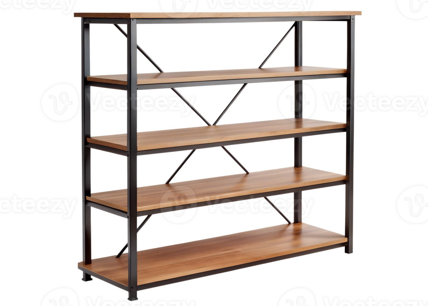 Wooden shelving unit with metal frame for storage png