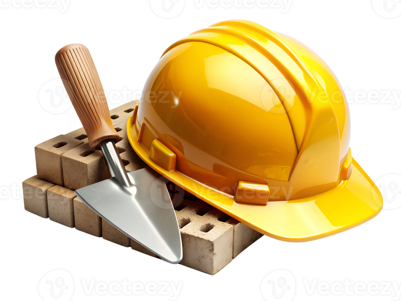 Construction tools and safety gear on bricks png