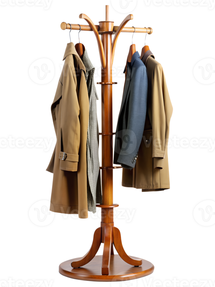 Wooden coat rack with coats displayed in a hallway png