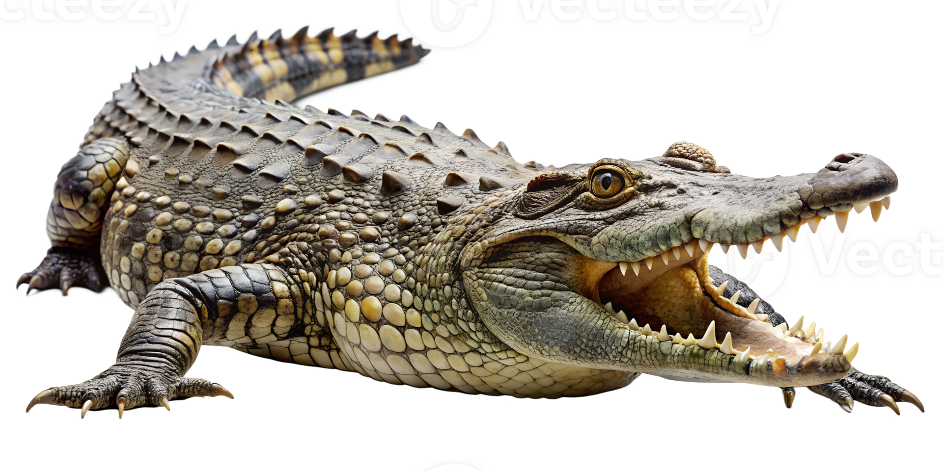 Large crocodile resting on sandy shore at sunset png