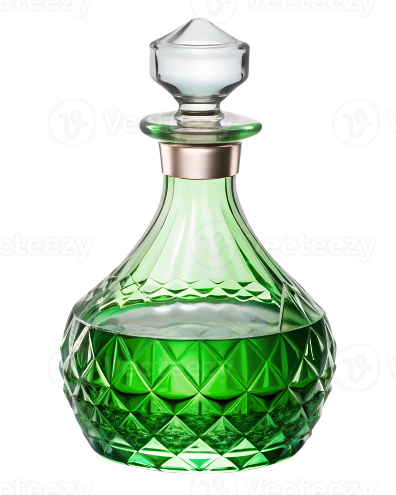 Elegant green glass decanter with intricate design png