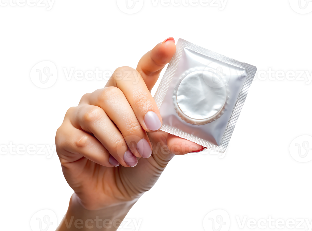 Hand with condom packet on plain background png