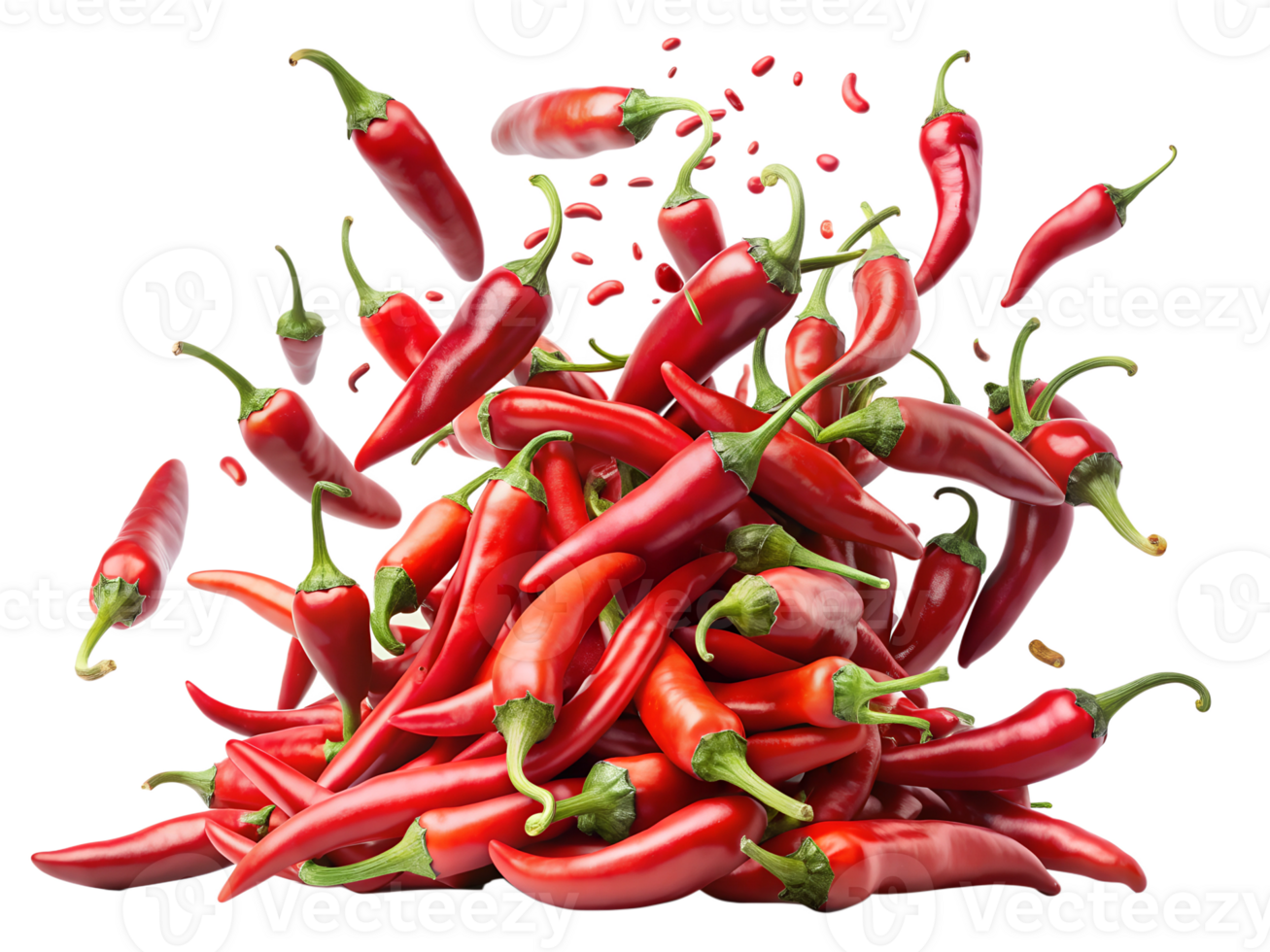 Dynamic red chili peppers flying png