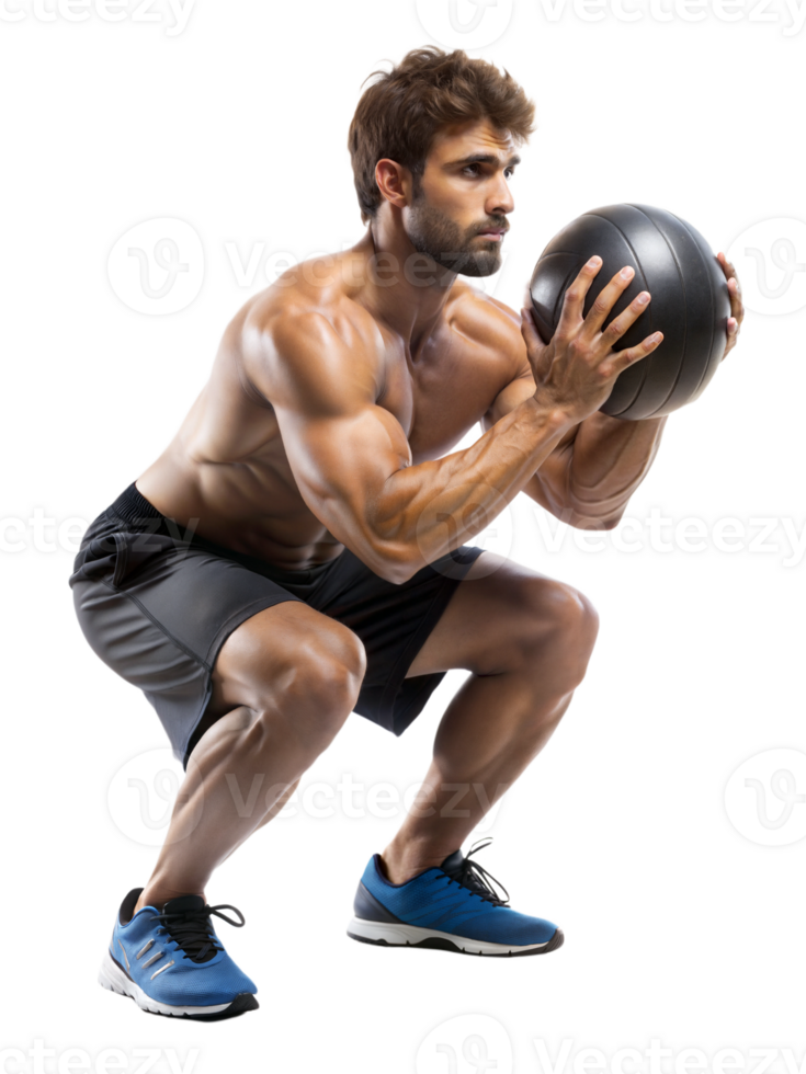Man squatting with a medicine ball indoors png
