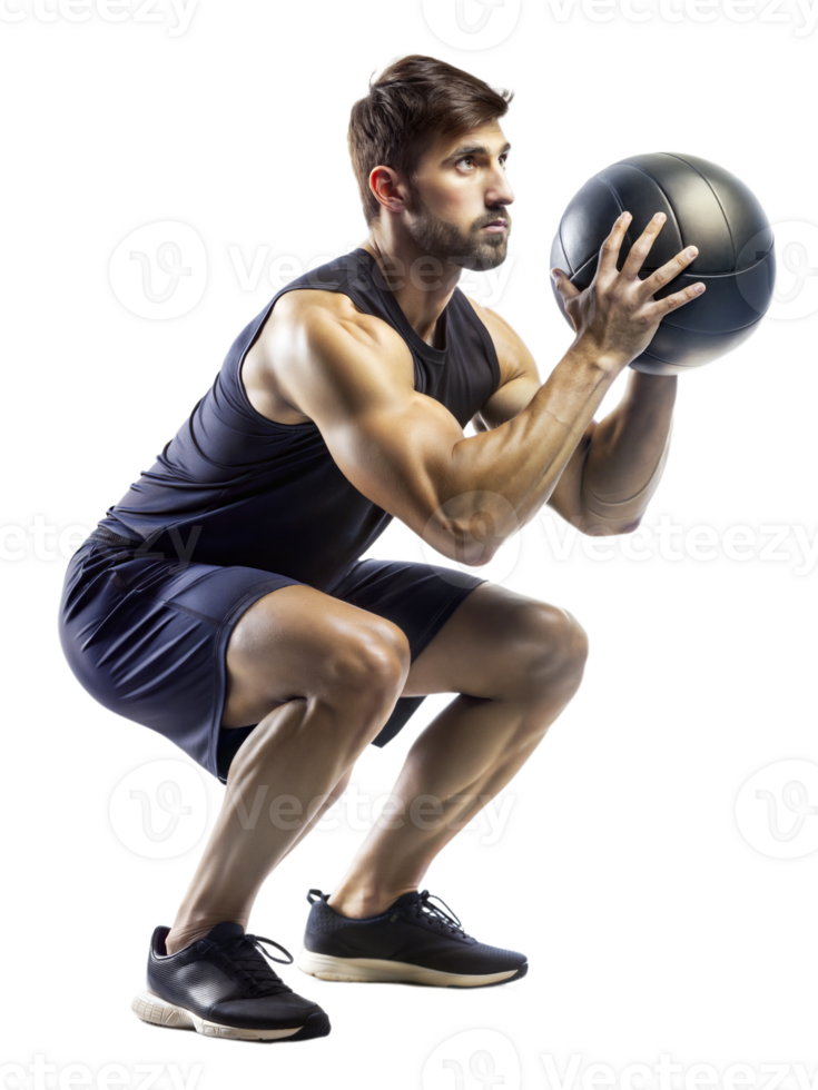 Man performing a squat with a medicine ball png