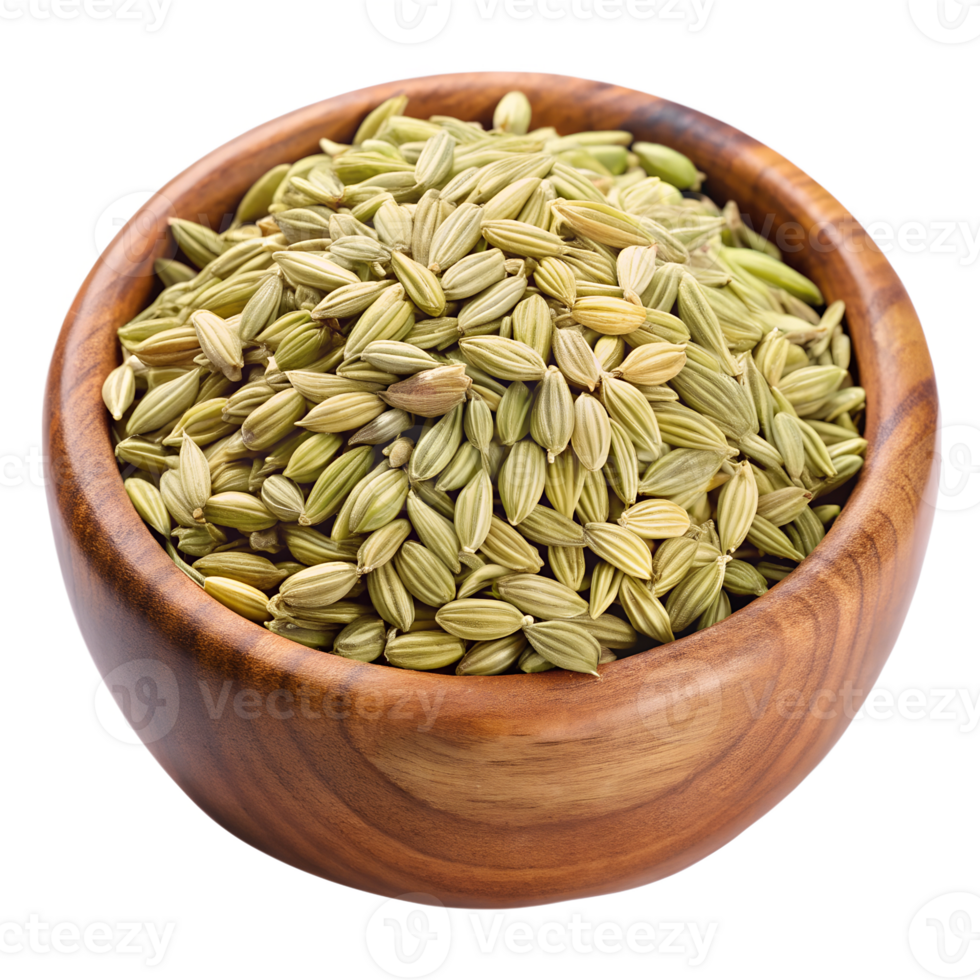 Green fennel seeds in a wooden bowl on a table png