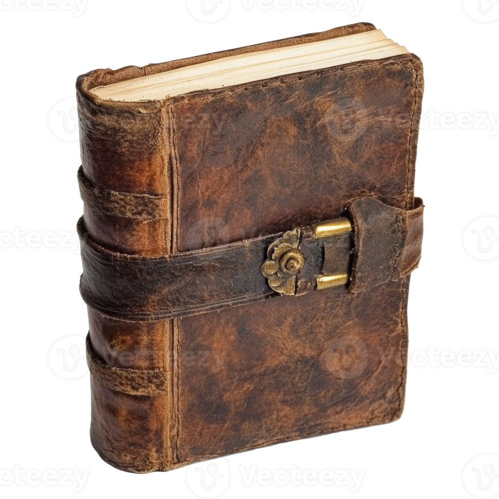 Leather bound journal resting on a wooden surface png