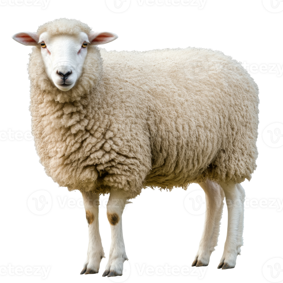 A fluffy sheep stands on green grass in daylight png