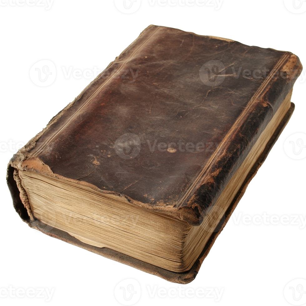 An antique leather bound book resting on a surface png