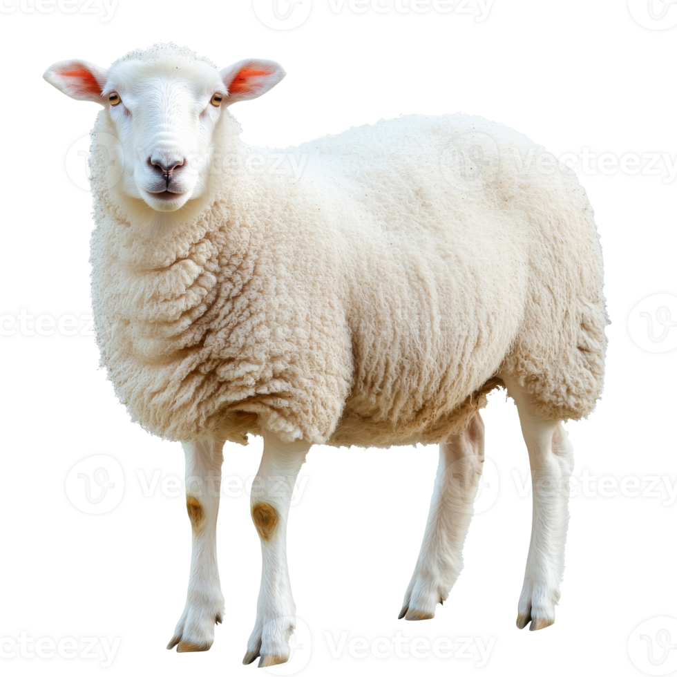 A fluffy white sheep standing in a bright setting png