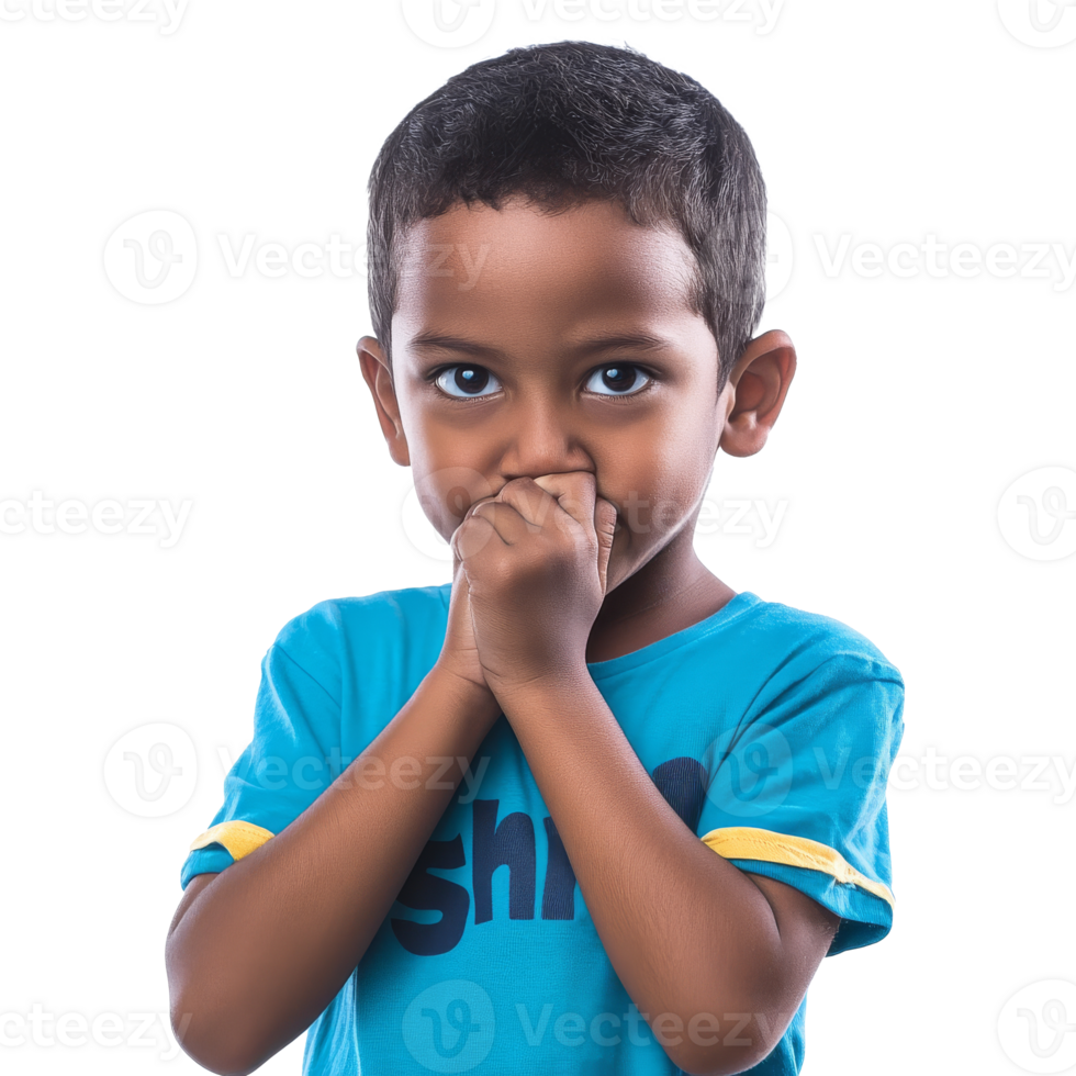 Young boy covering mouth with hands indoors png