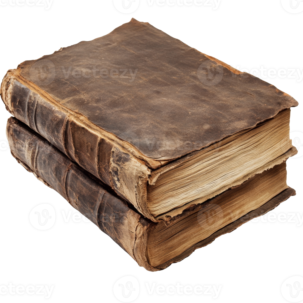 Ancient leather bound books stacked on a table png