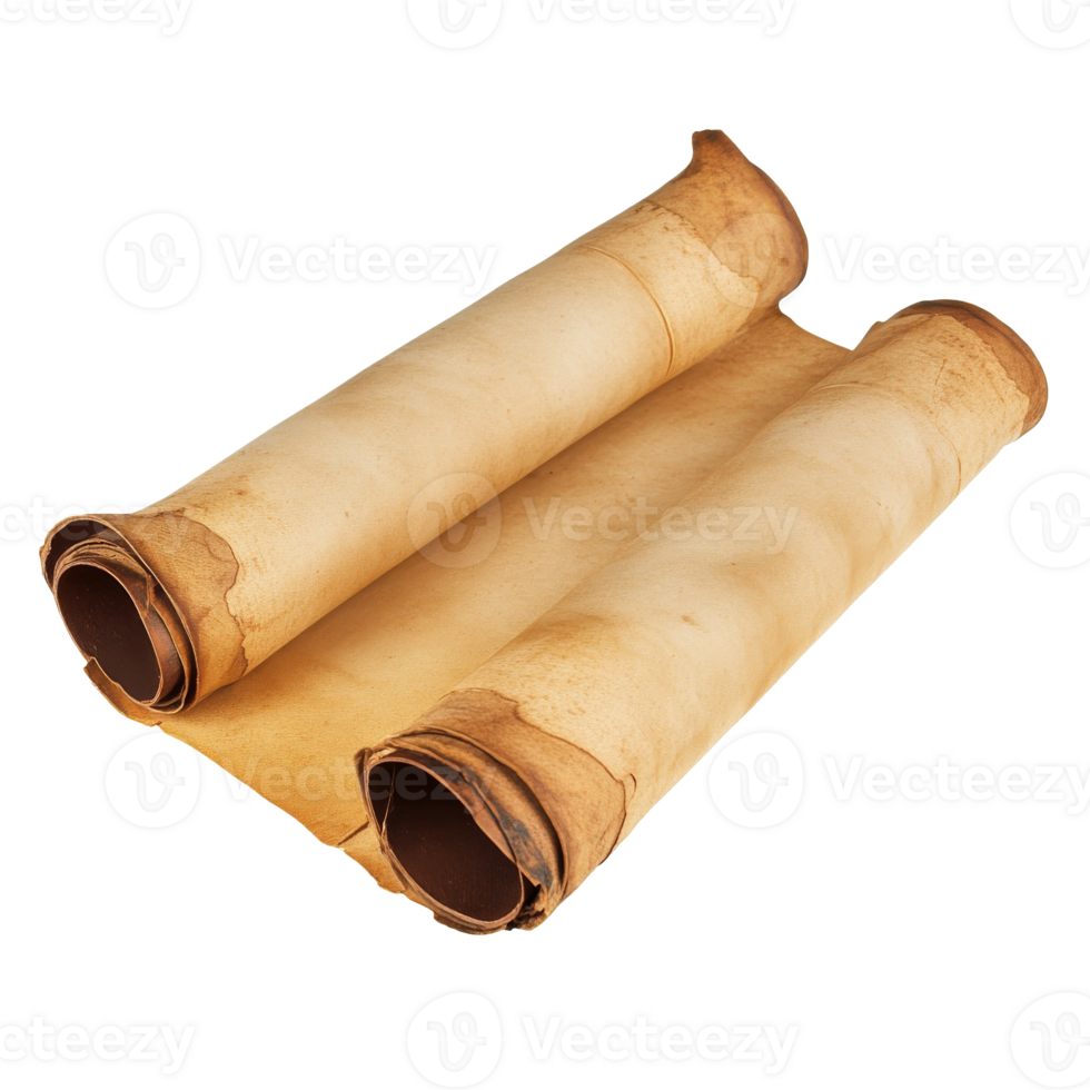 Ancient scrolls lying open on a wooden surface png
