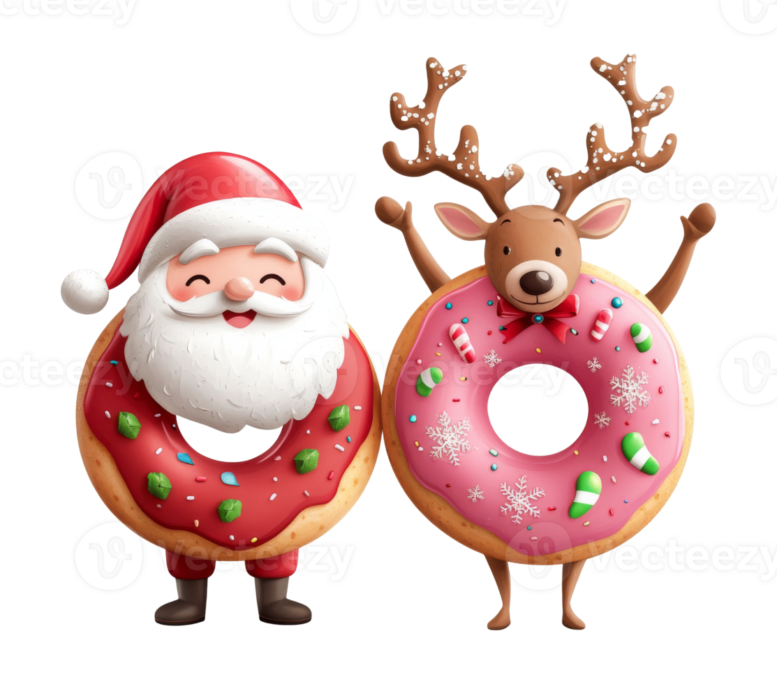 Santa and a reindeer enjoy Christmas donuts png