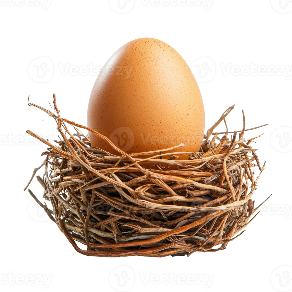 Brown egg resting in a rustic nest made of twigs png