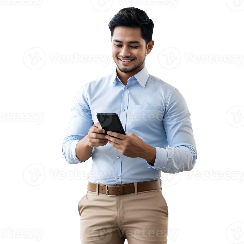 Smiling young man with smartphone png