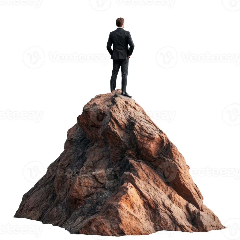 Businessman standing on a rock peak gazing ahead png
