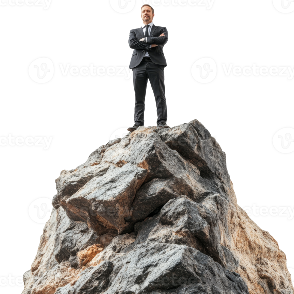 Confident businessman on a rock formation png