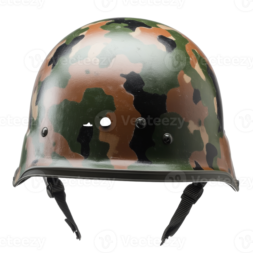 Military helmet with camouflage pattern on display png