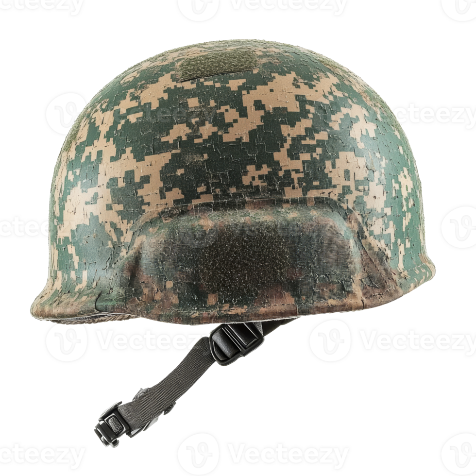 Military helmet with camouflage pattern on display png